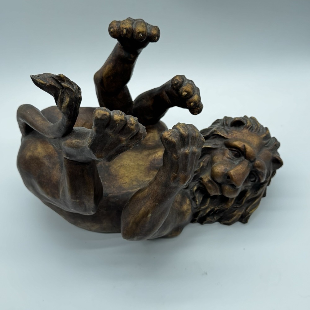 Antiqued Bronze Lion Sculpture Playful Cradling Big Cat Art Barware Wine